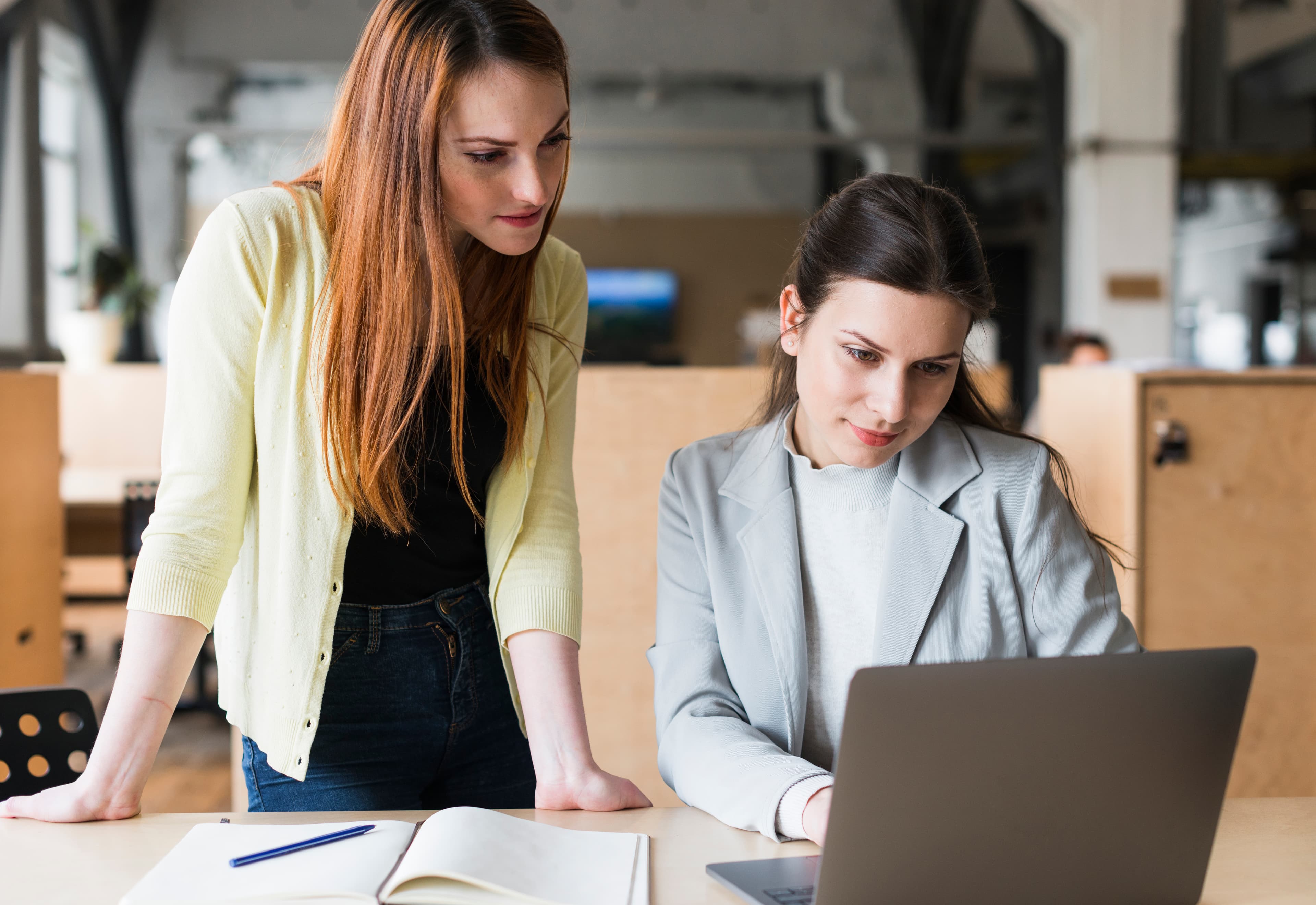 Zwei Frauen schauen sich einen Laptop an