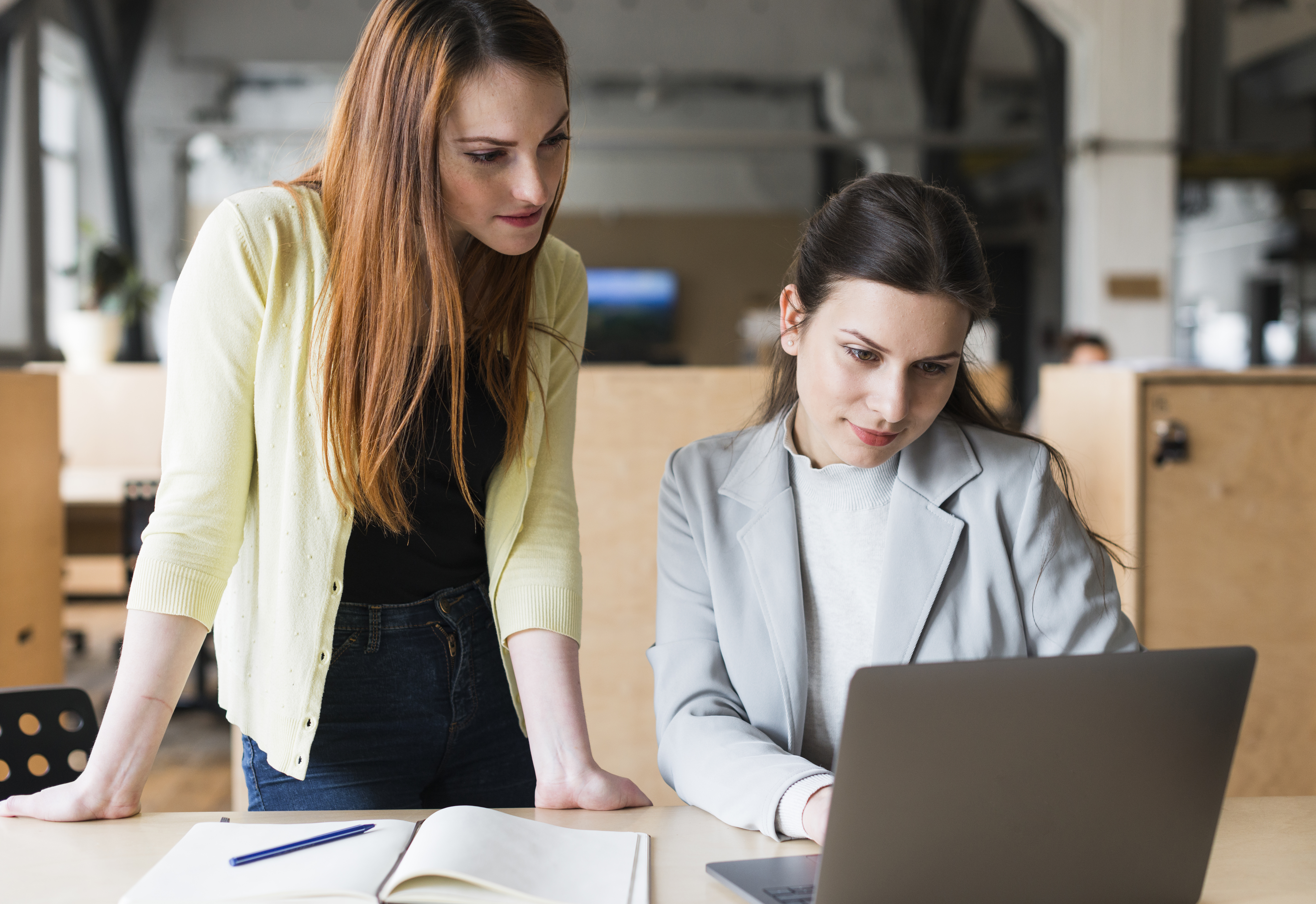 Zwei Frauen schauen sich einen Laptop an